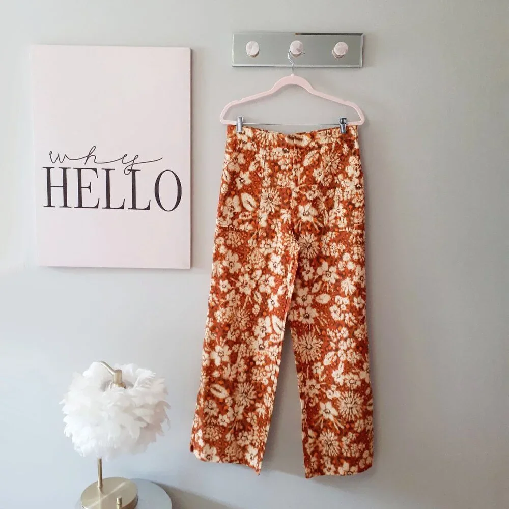 Zara Burnt Orange Floral Wide Leg Pants High Waist Boho Retro XL - Picture 8 of 16